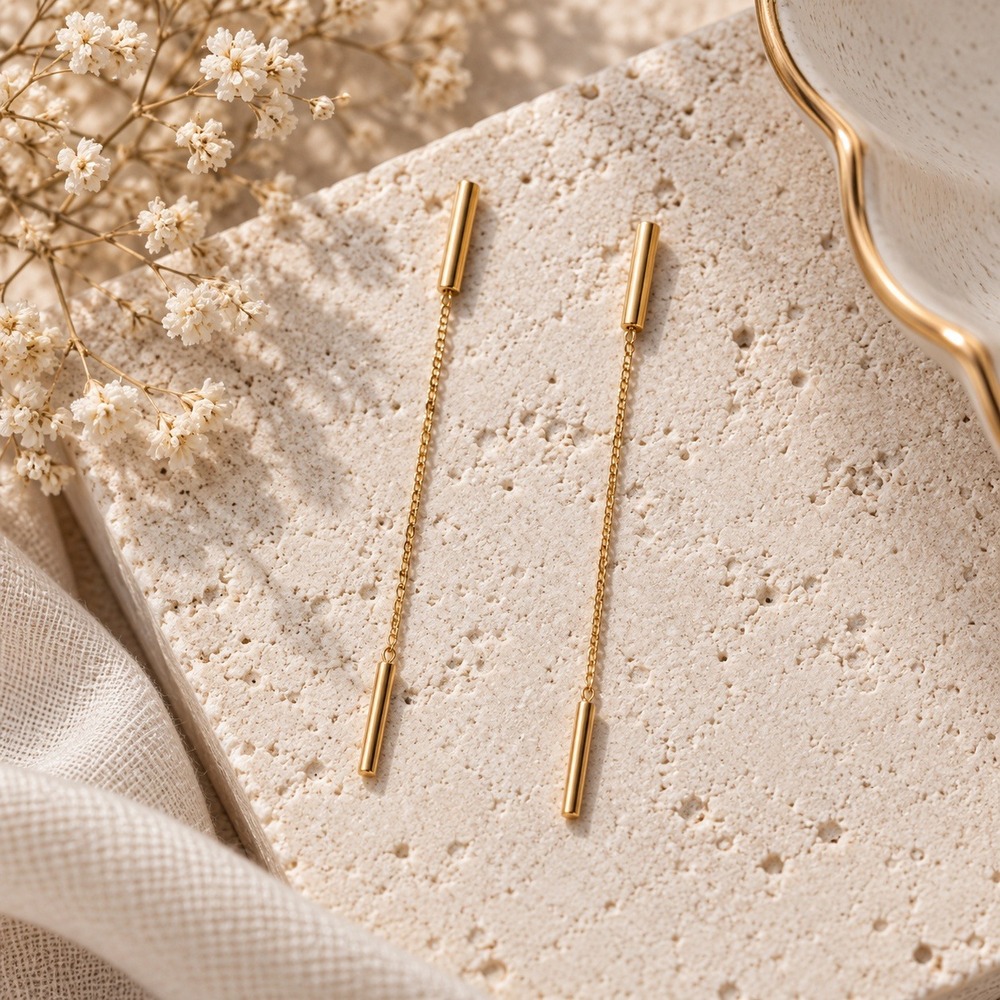 Ettika Gold Bar and Chain Drop Earrings Minimalist Dangle Style